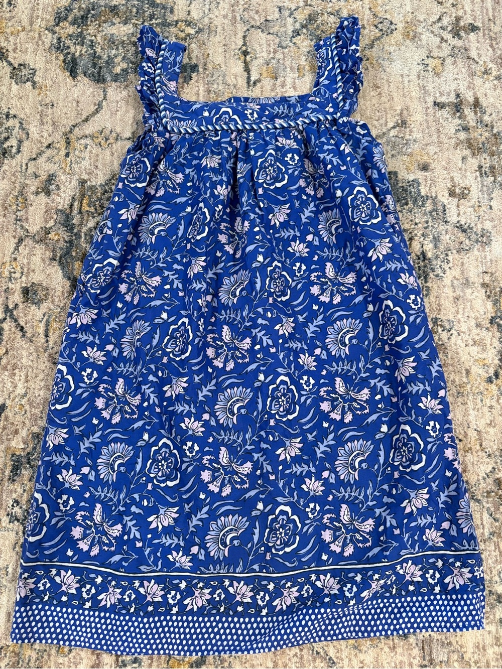 Vineyard Vines Blue/White Floral Square Neck Ruffle Strap Dress Girls Small